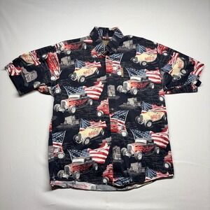 North River Mens Button Up Shirt Short Sleeve Hot Rod American Flag Print Medium